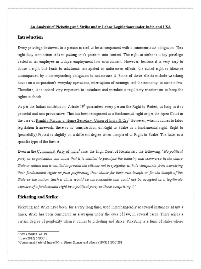 An Analysis of Picketing and Strike Under Labor Legislations Under India and USA PDF