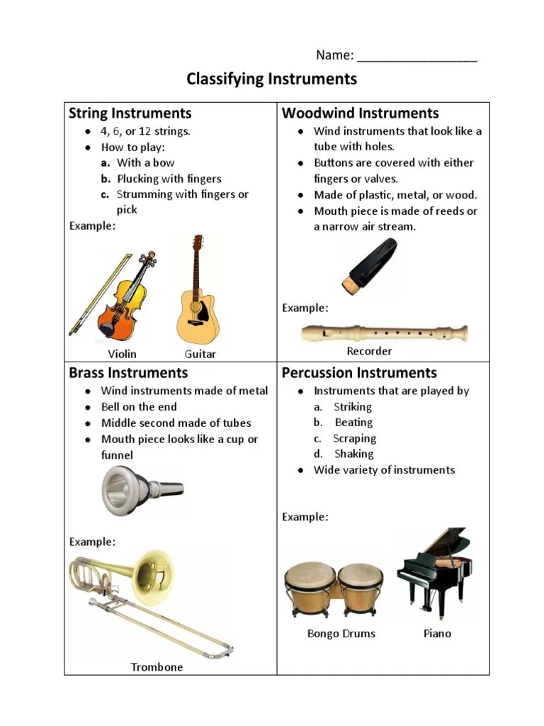 Instrument Classifications Worksheet PDF