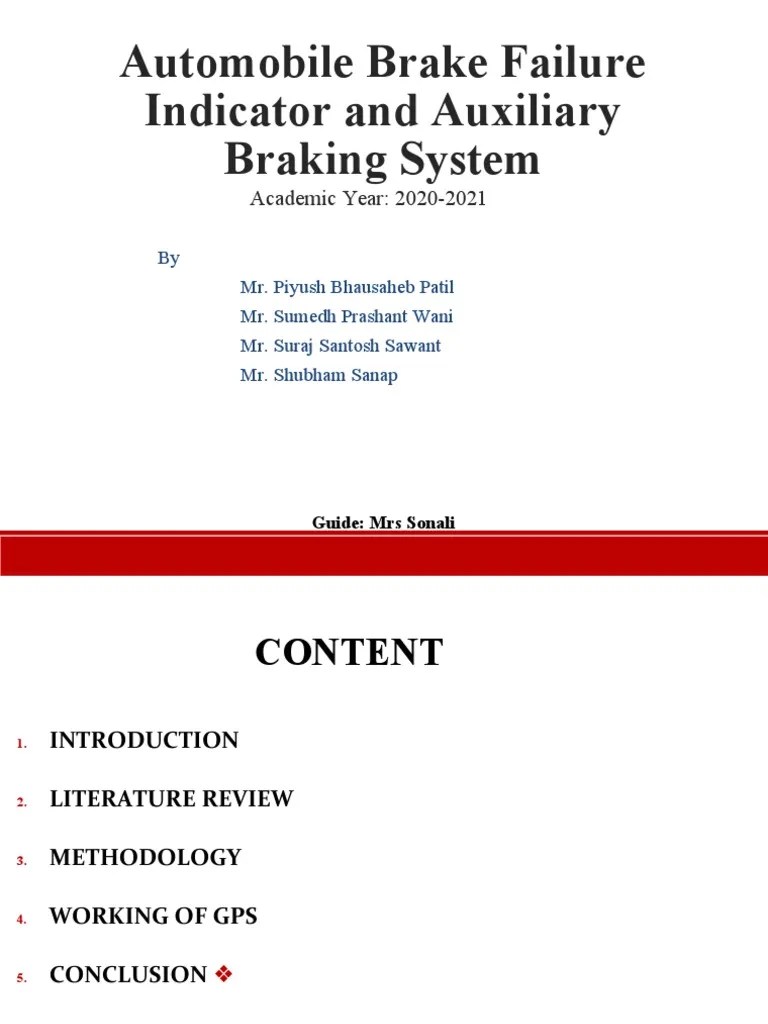Automobile Brake Failure Indicator and Auxiliary Braking System PDF Brake Vehicles
