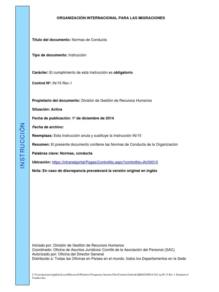 IN 15 Rev 1 Standard of Conduct (Spanish) OIM KARLA PDF