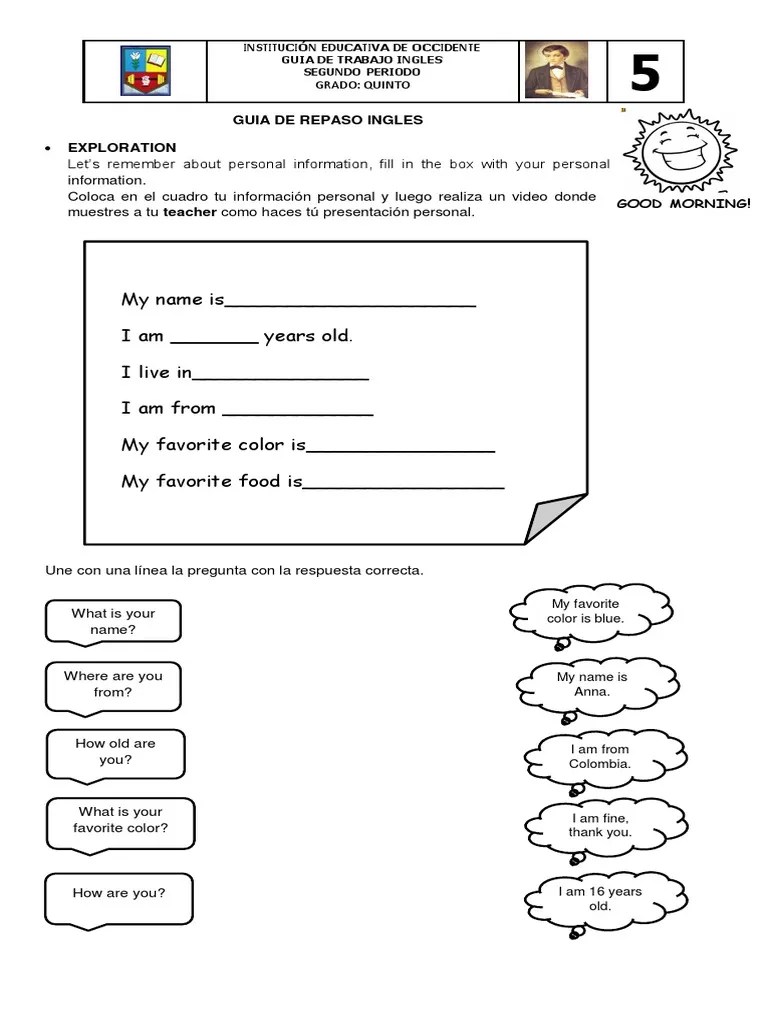Hoja De Trabajo De Inglés Para Quinto Grado MODULO INGLÉS GRADO
