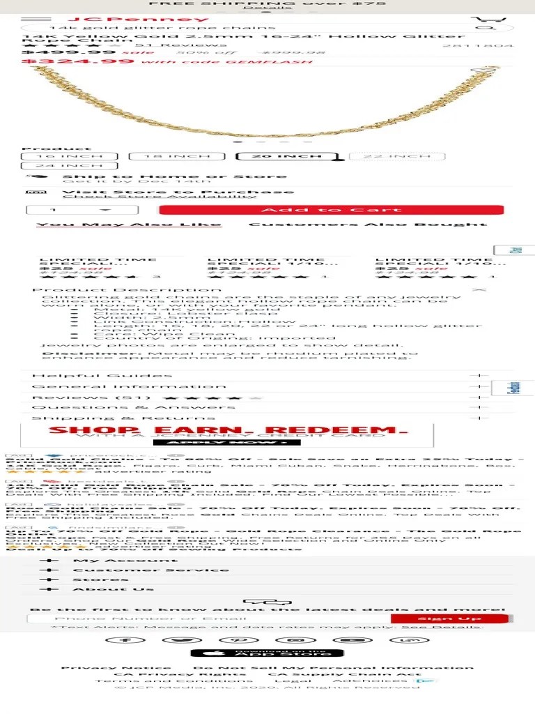 14K Yellow Gold 2.5mm 1624 Hollow Glitter Rope Chain JCPenney 2