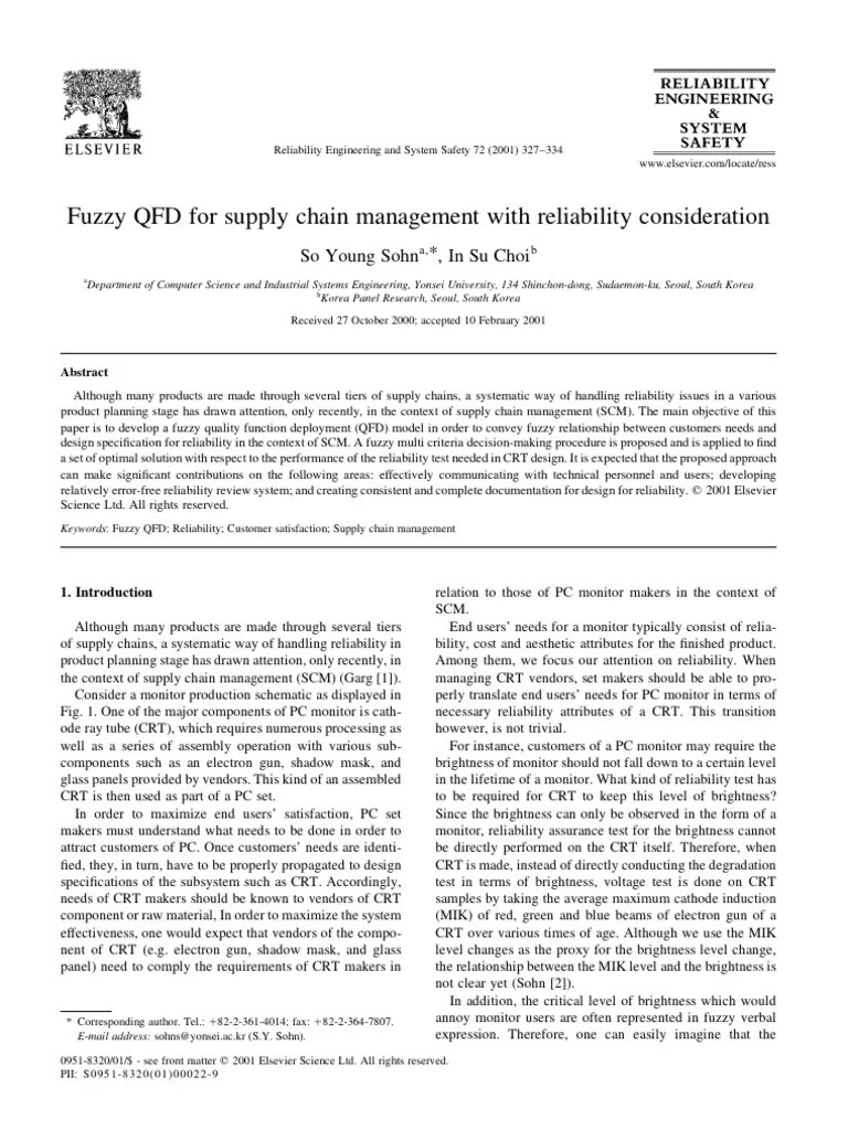 Fuzzy QFD For Supply Chain Management With Reliability Consideration
