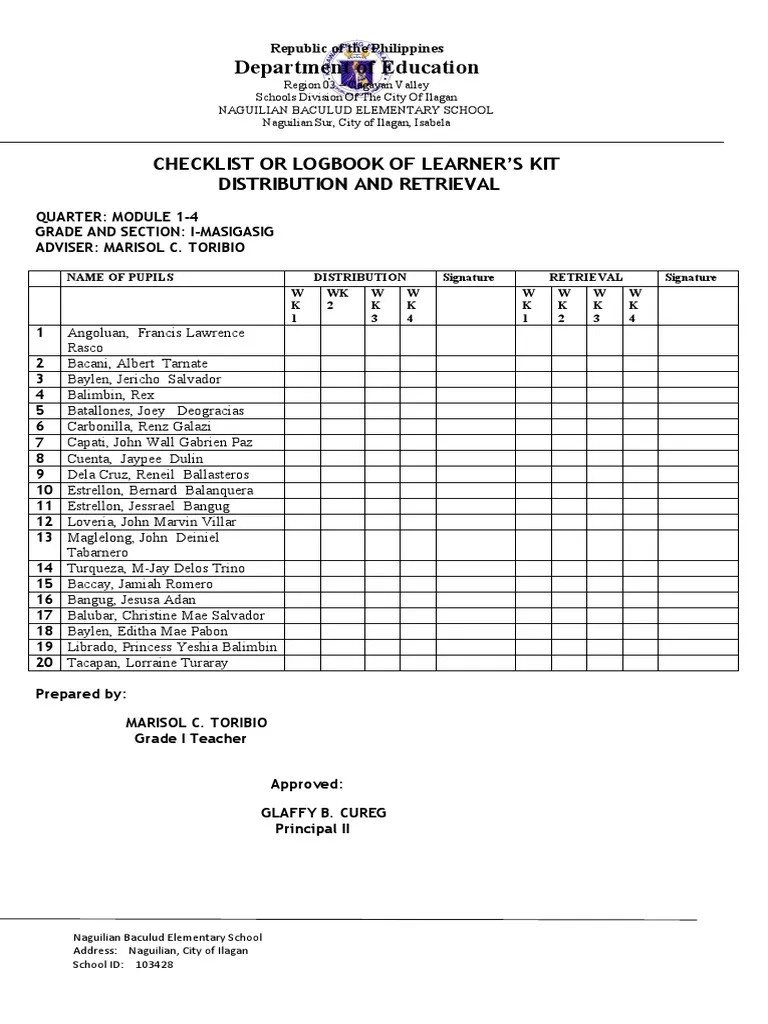 By Purok Checklist or Logbook of Learners Kit Distribution and