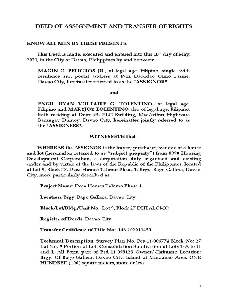 Deed of Assignment and Transfer of Rights PDF Assignment (Law