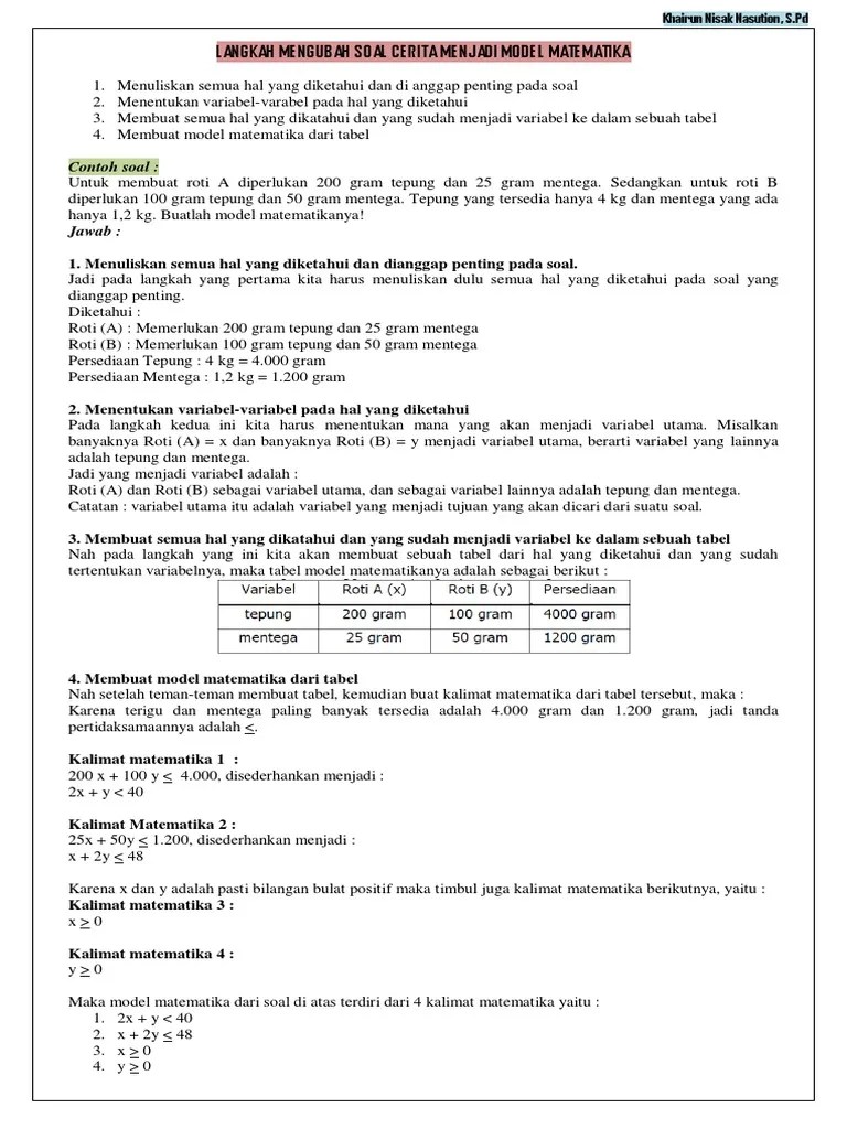 Langkah Mengubah Soal Cerita Menjadi Model Matematika | PDF