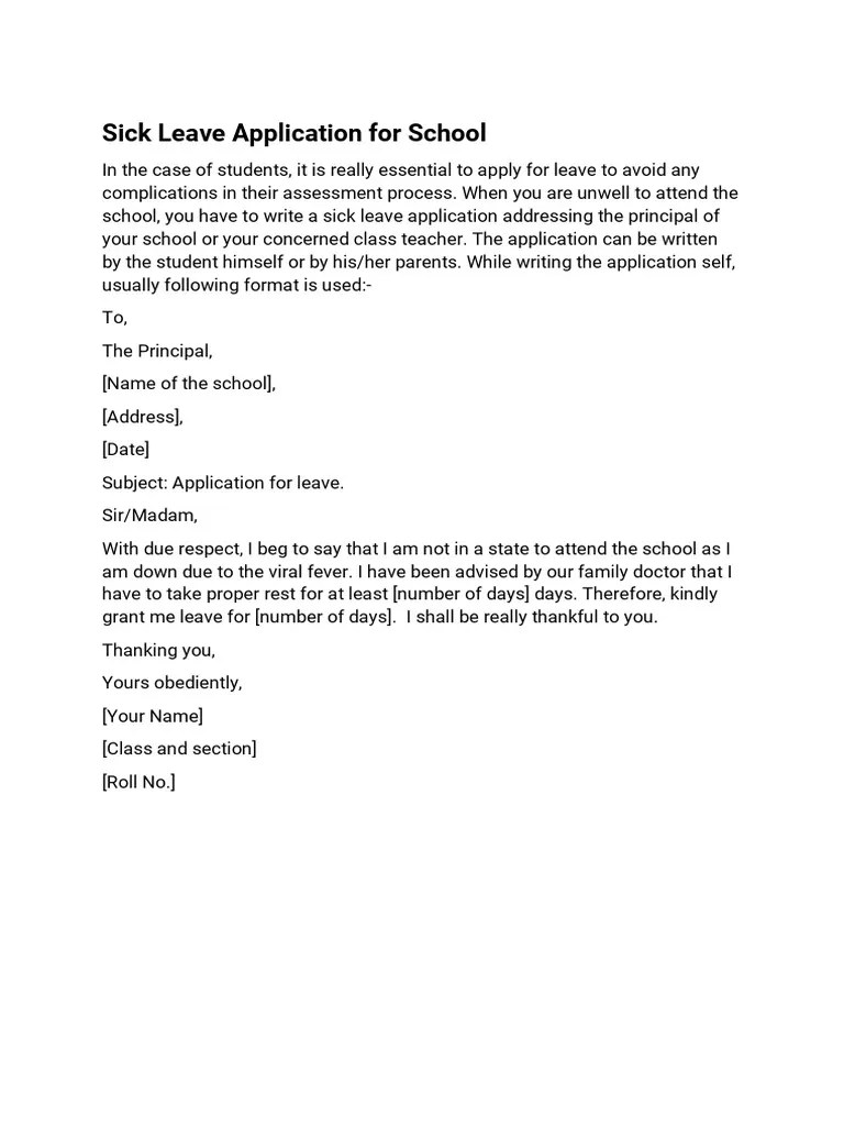 Sick Leave Application For School LA PDF
