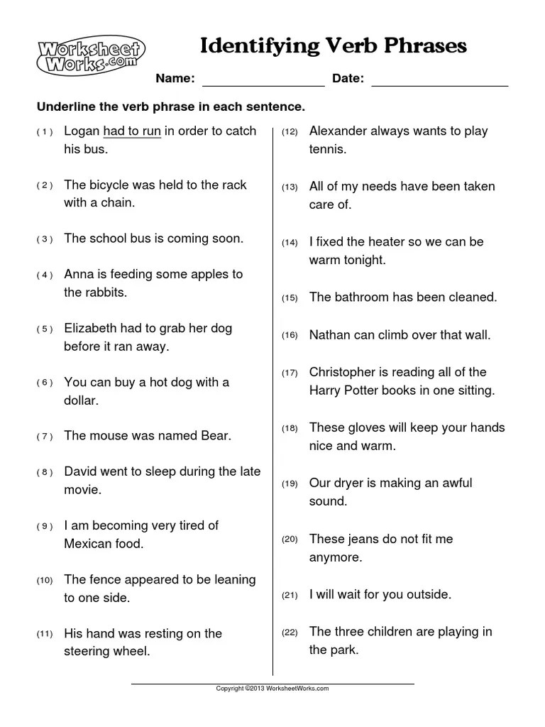 WorksheetWorks Identifying Verb Phrases 1 | PDF | Linguistics | Grammar