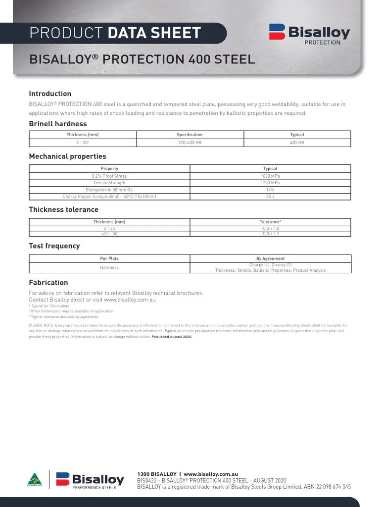 Product Data Sheet Bisalloy Protection 400 Steel PDF Steel
