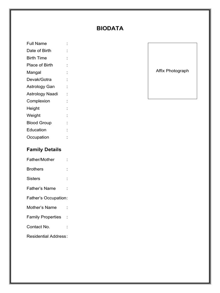 Marriage Biodata Format PDF