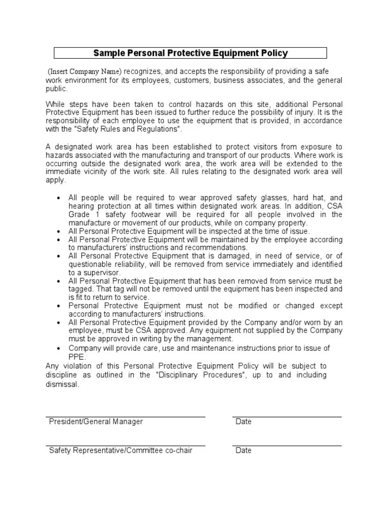 381 Sample Personal Protective Equipment Policy PDF Personal
