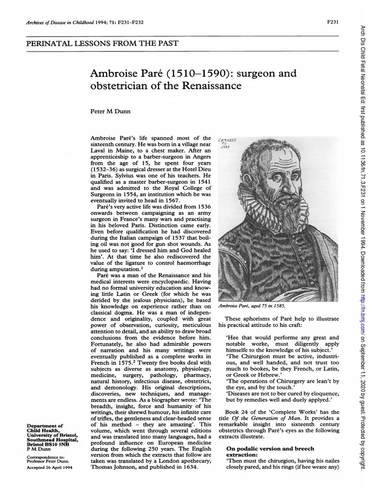 Ambroise Pare (15101590) Surgeon and Obstetrician of The Renaissance