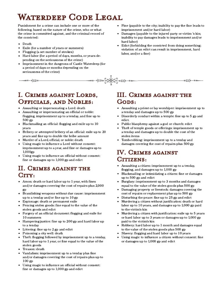 Waterdeep Code Legal I. Crimes Against Lords, Officials, and Nobles