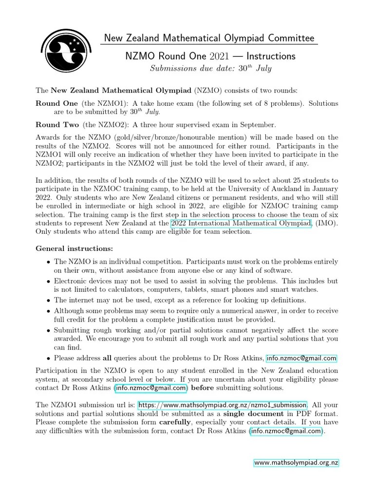 New Zealand Mathematical Olympiad Committee NZMO Round One 2021