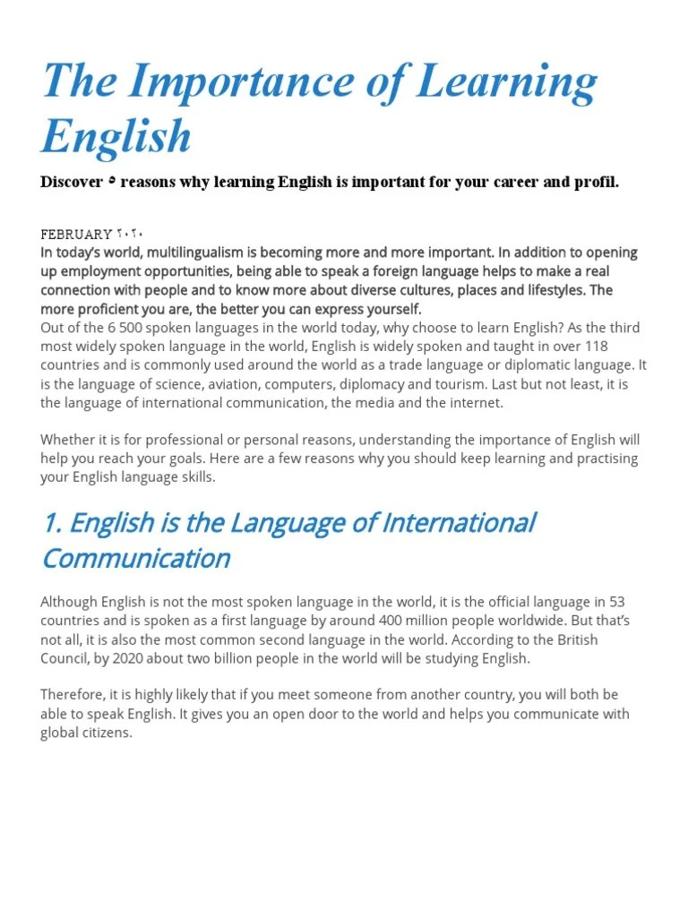 The Importance of Learning English PDF English Language