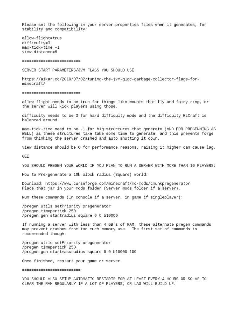 Server settings and pregen for RLCraft modpack PDF
