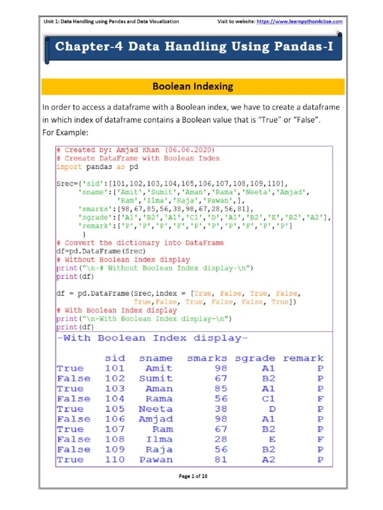 Python Pandas I Boolean Indexing PDF