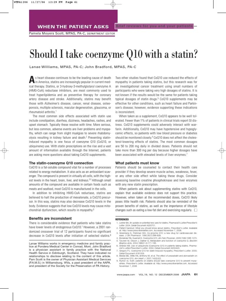 CoQ10 and Statins PDF Statin Clinical Medicine