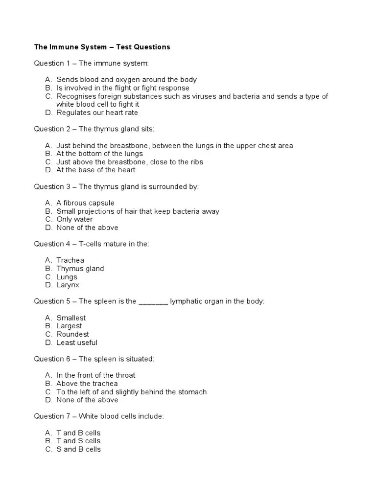 The Immune System Test Questions PDF Human Body Thymus