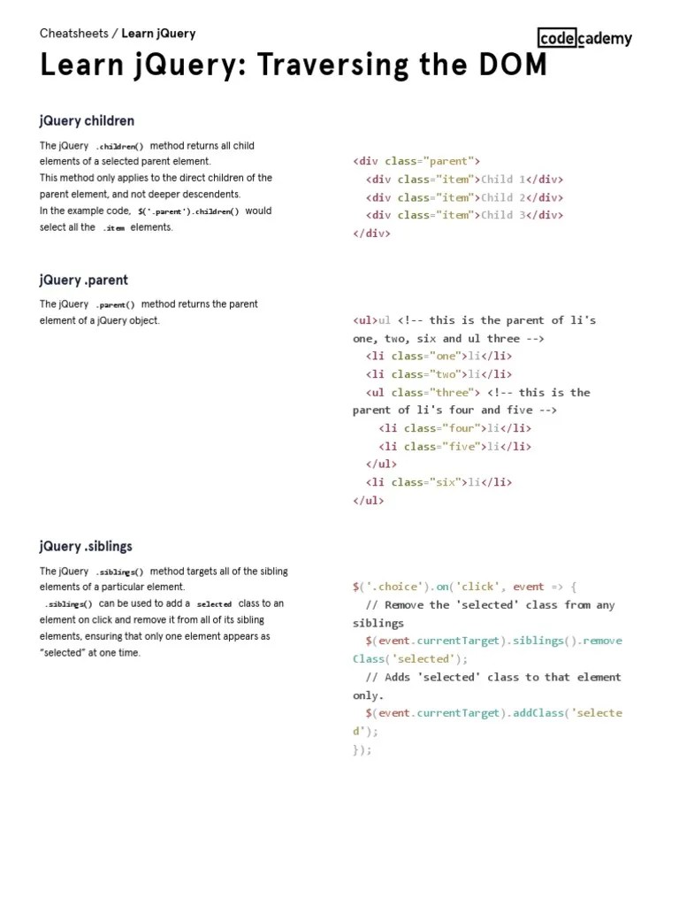 Learn JQuery Learn JQuery Traversing The DOM Cheatsheet