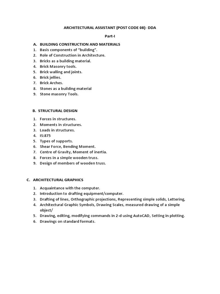 DDA Syllabus ARCHITECTURAL ASSISTANT PDF Surveying Sanitary Sewer
