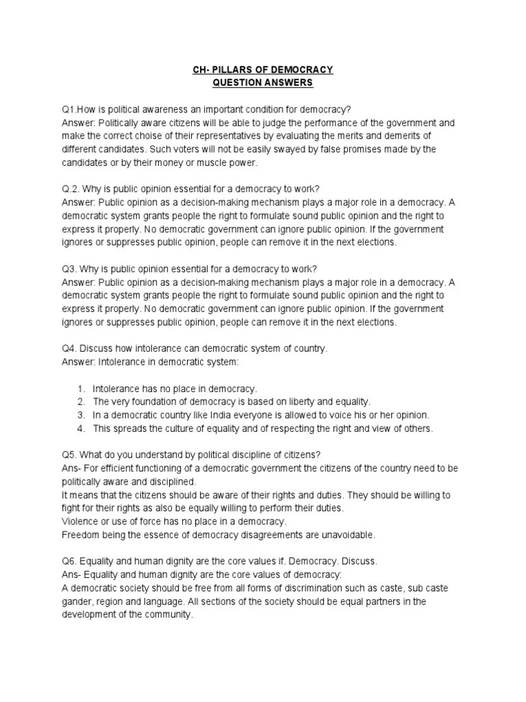 ChPillars of Democracy Question Answers PDF Political Ideologies Democracy
