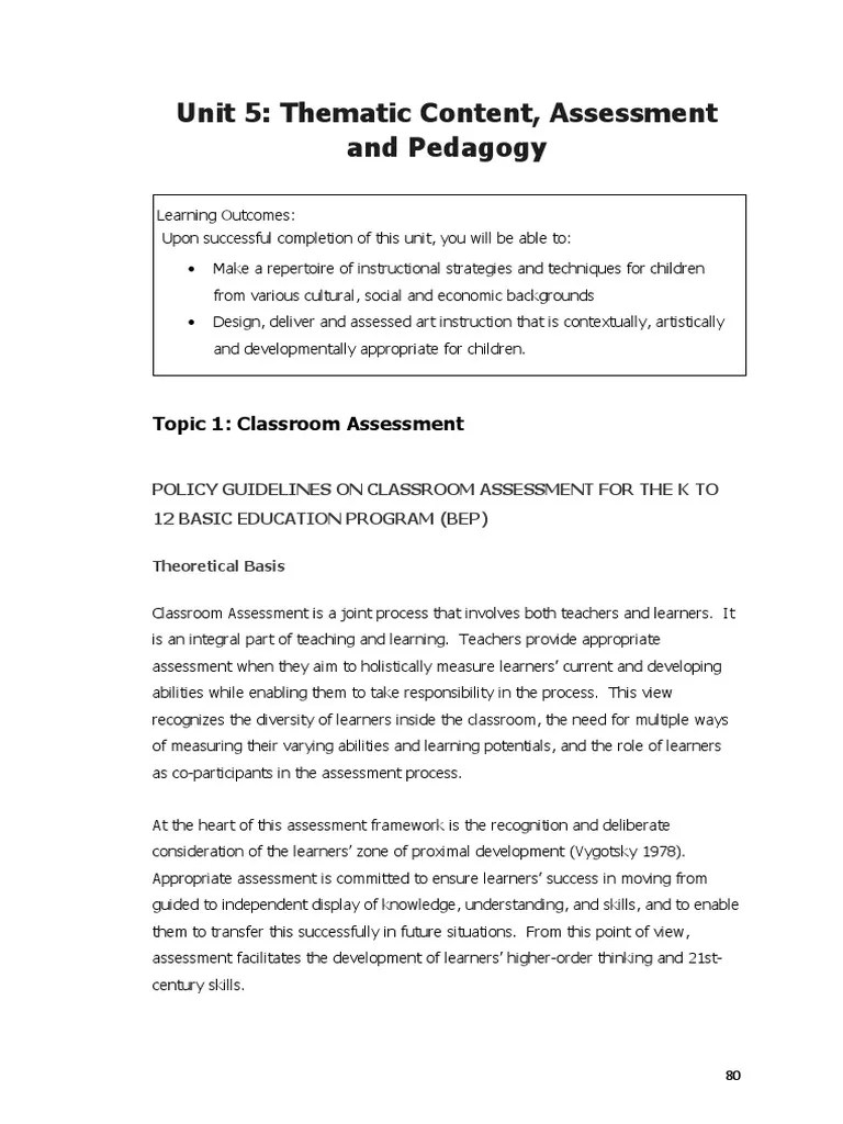 Module 5 Thematic Content, Assessment and Pedagogy PDF Educational Assessment Lesson Plan