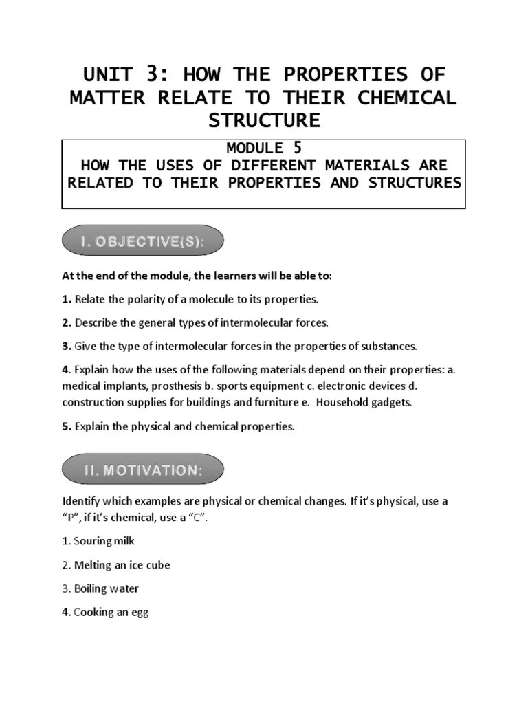 Unit 3 How The Properties of Matter Relate To Their Chemical Structure PDF Deformation