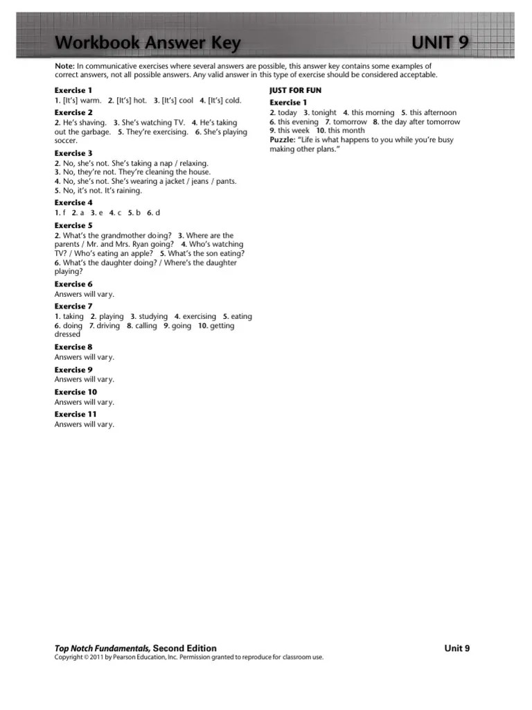 Workbook Answer Key Unit 9 Top Notch Fundamentals PDF