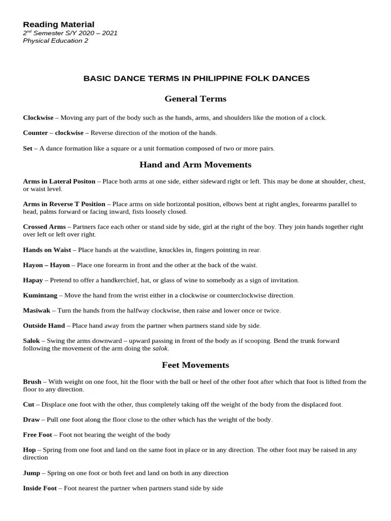 Basic Dance Terms in Philippine Folk Dances PDF Foot Hand