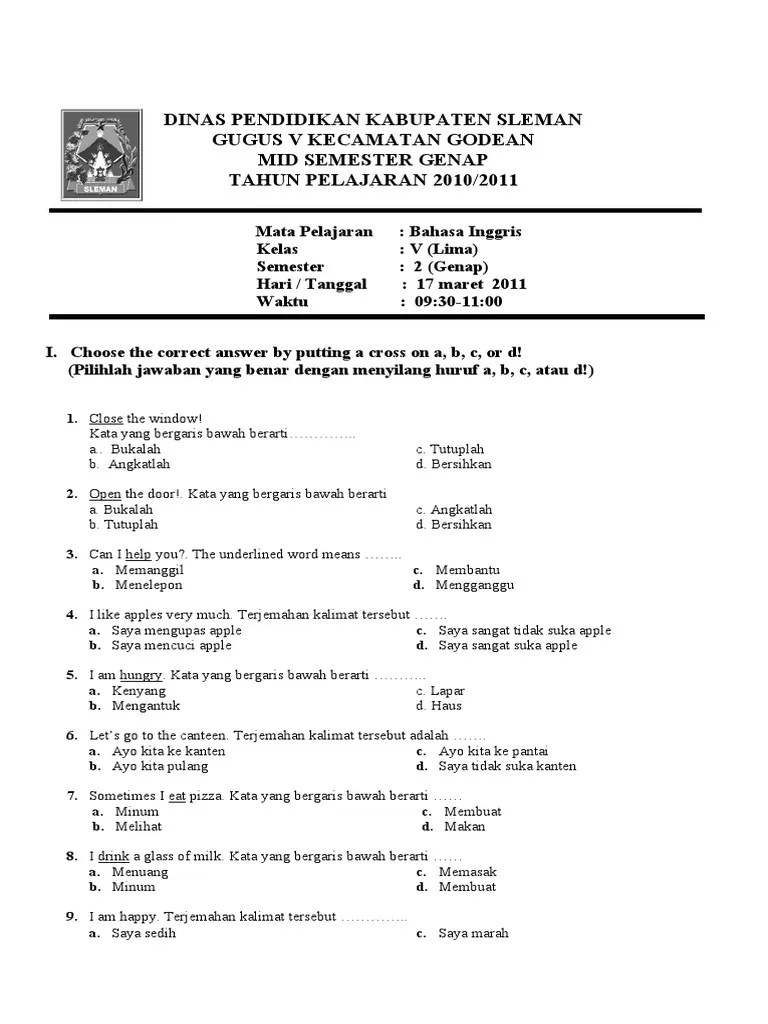 Soal Mid Bahasa Inggris Kelas 5 Sd
