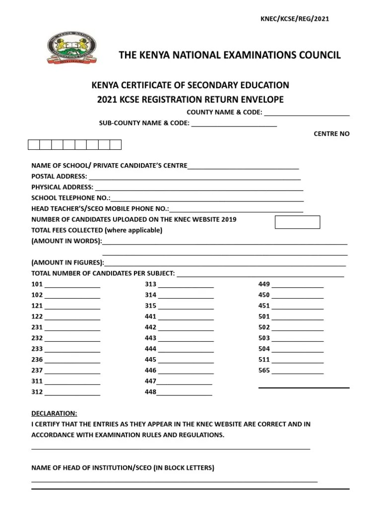 2021 Kcse Registration Return Envelops PDF Written Communication