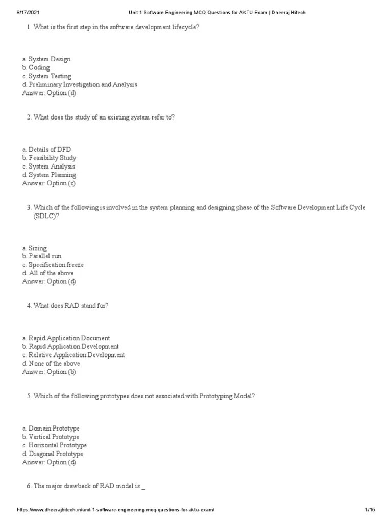Unit 1 Software Engineering MCQ Questions For AKTU Exam Dheeraj