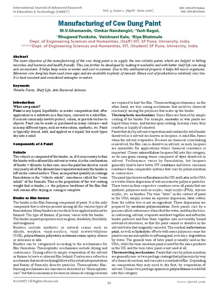 Manufacturing of Cow Dung Paint PDF Paint Chemical Substances