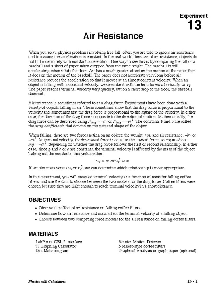Air Resistance Experiment PDF Drag (Physics) Force