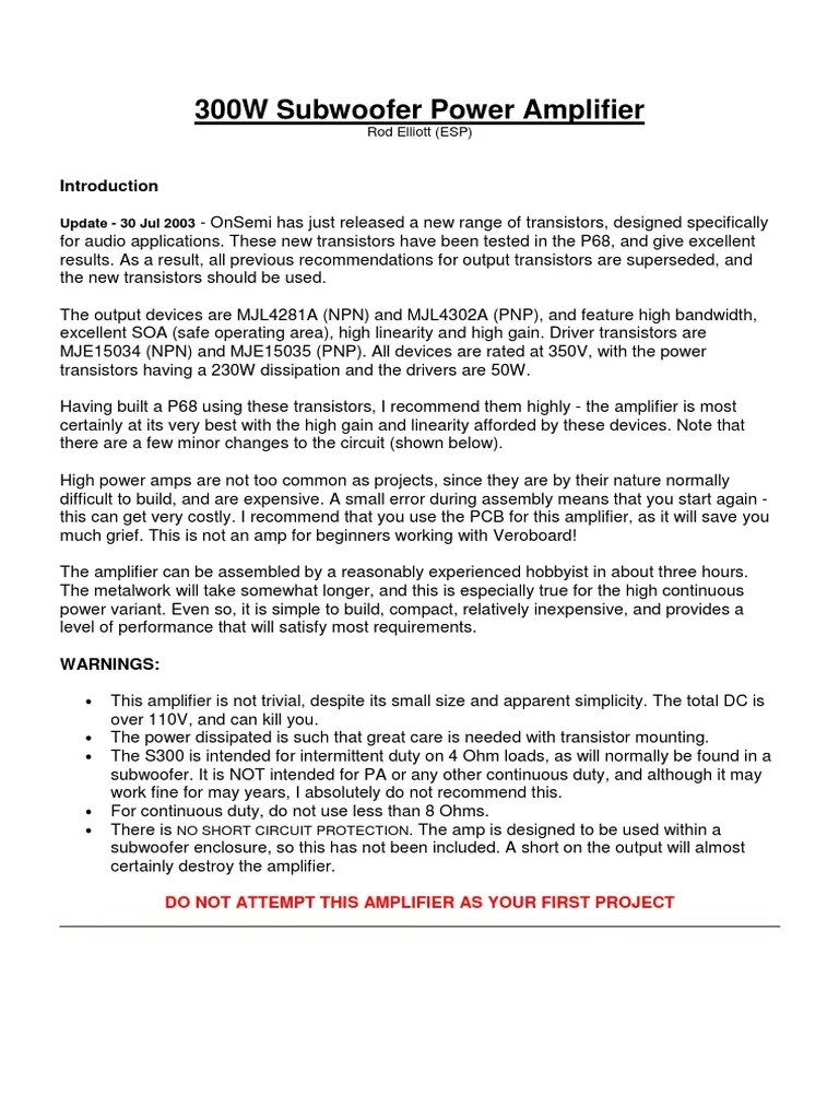 300 W Subwoofer Power Amplifier | PDF | Amplifier | Rectifier