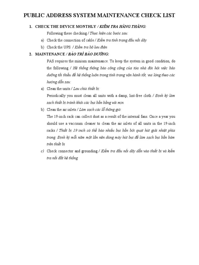 Public Address System Maintenance Check List PDF