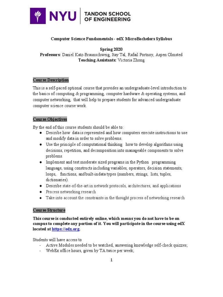Edx Computer Science Fundamentals Syllabus PDF Computer Network Educational Technology