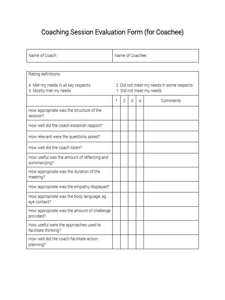Coaching Evaluation Form (Coaching Session Evaluation Form For Coachee