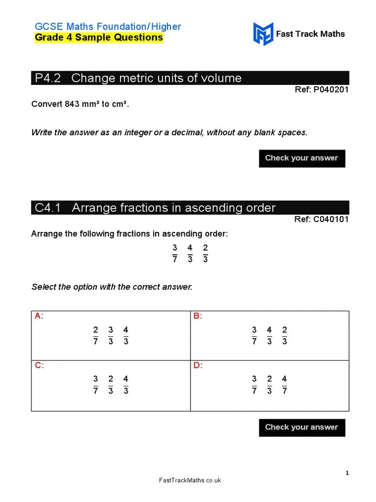 GCSE Maths FoundationHigher Grade 4 Revision Sample Questions