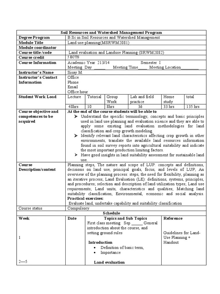 Land Evaluation and Land Use Planning Course Syllebus PDF