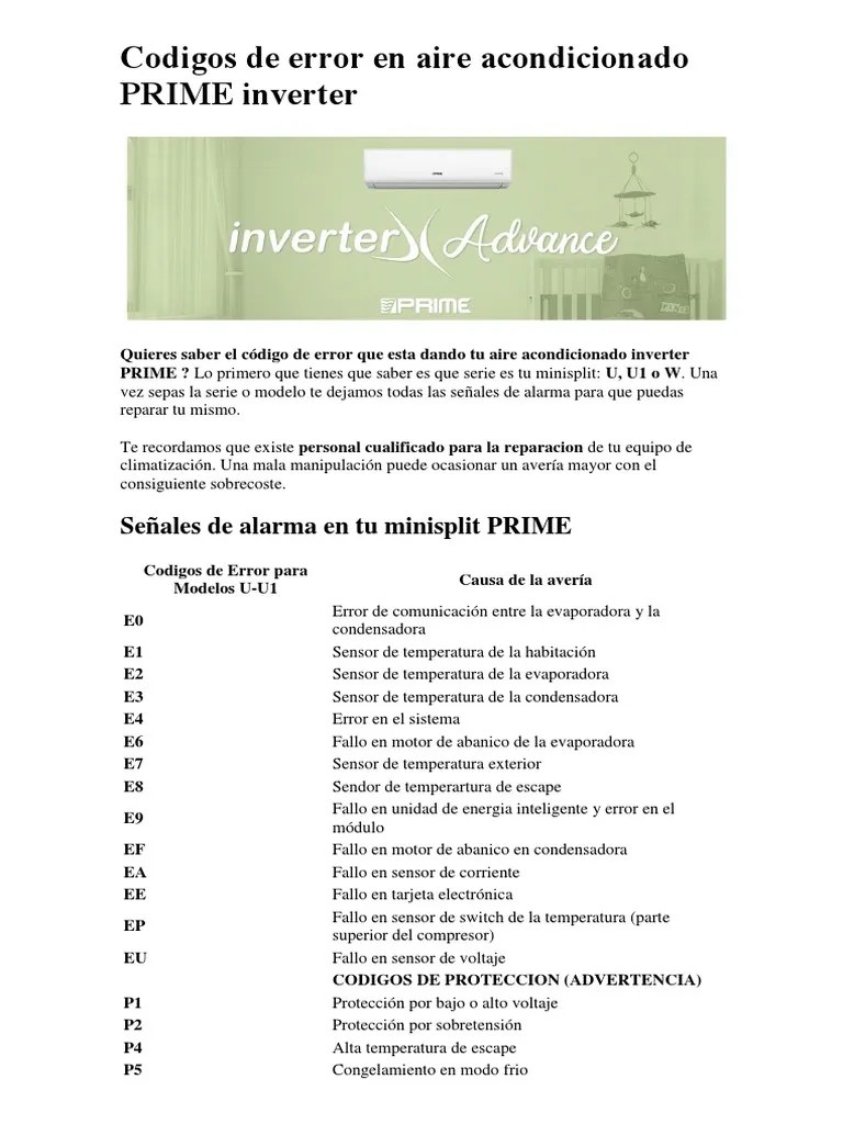 Codigos de Error en Aire Acondicionado PRIME Inverter PDF Bienes