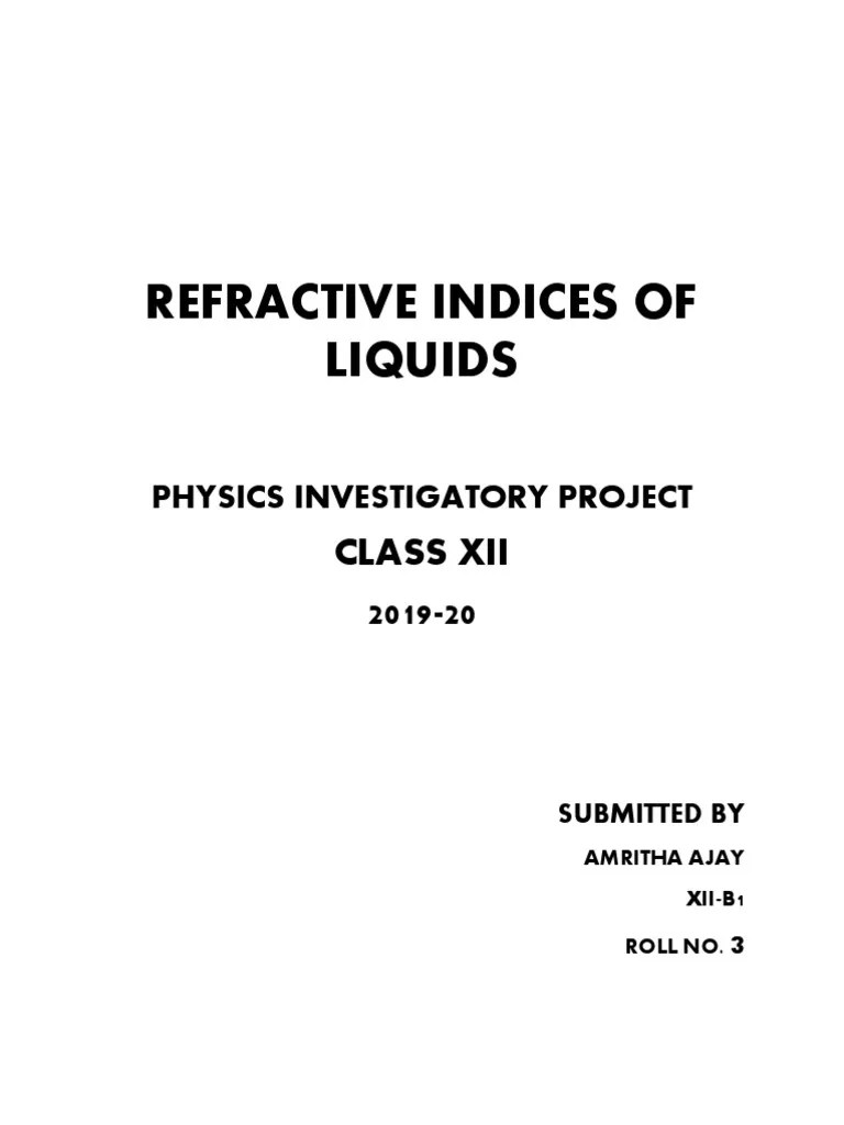 Refractive Indices of Liquids PDF Refraction Refractive Index