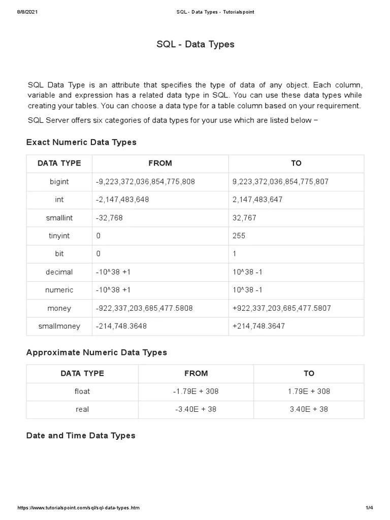 SQL Data Types Tutorialspoint PDF Data Type Microsoft Sql Server