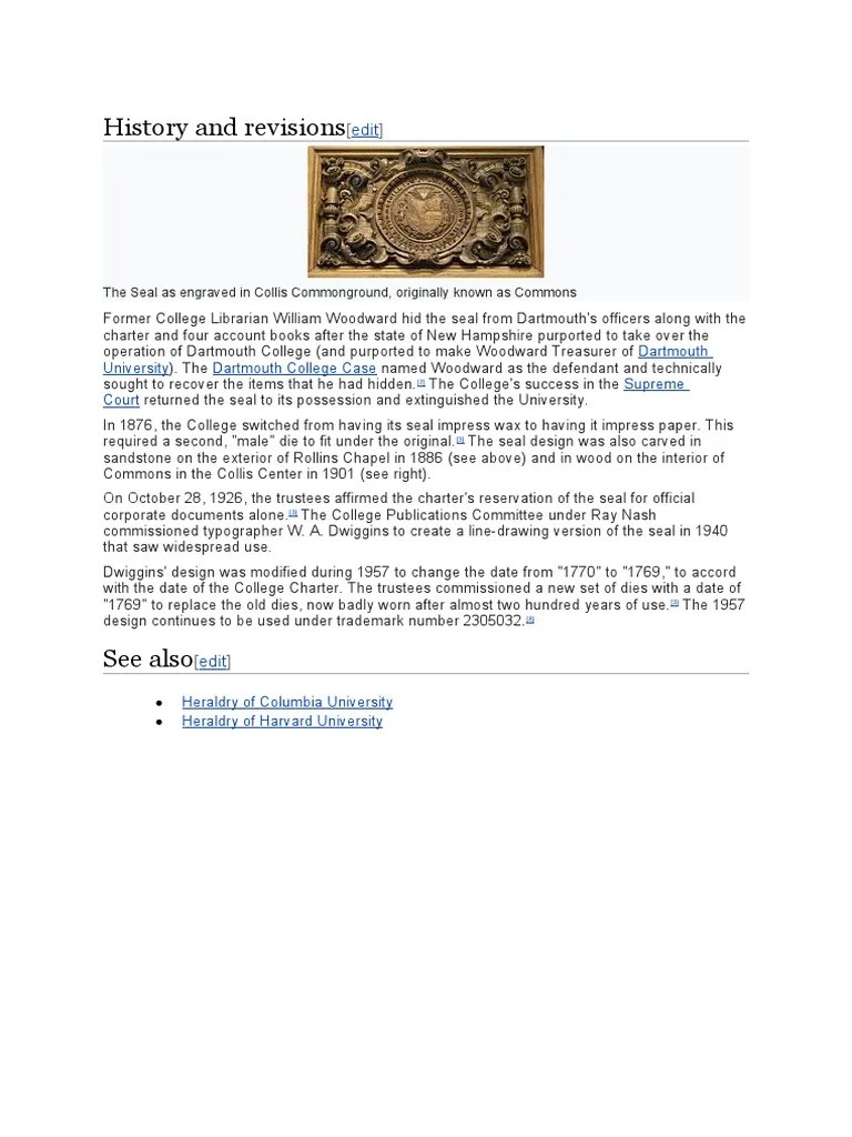 History and Revisions Dartmouth University Dartmouth College Case