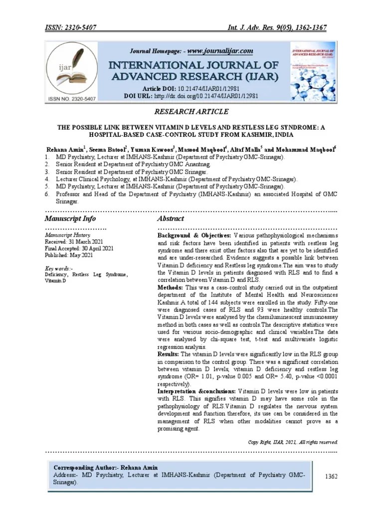 The Possible Link Between Vitamin D Levels and Restless Leg Syndrome A