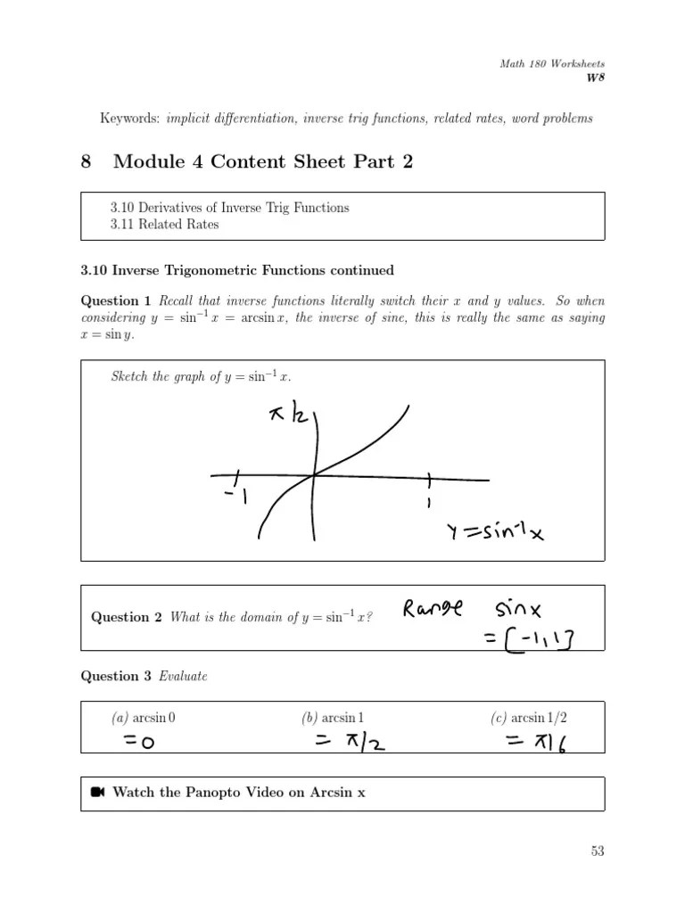 8 Module 4 Content Sheet Part 2 Math 180 Worksheets W8 PDF Sine