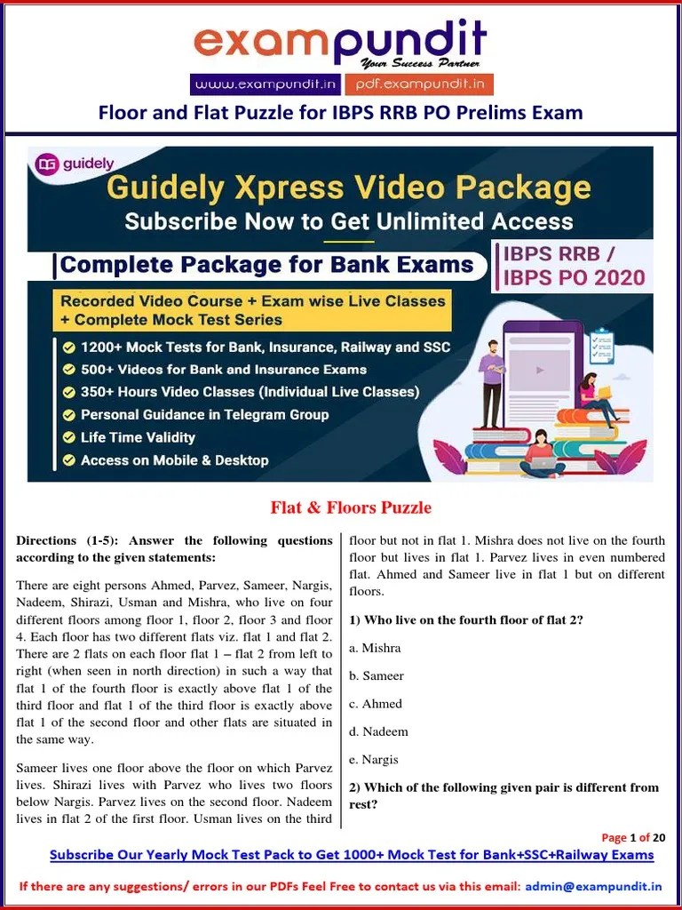 Floor and Flat Based Puzzle Questions For IBPS RRB PO Prelims Exam