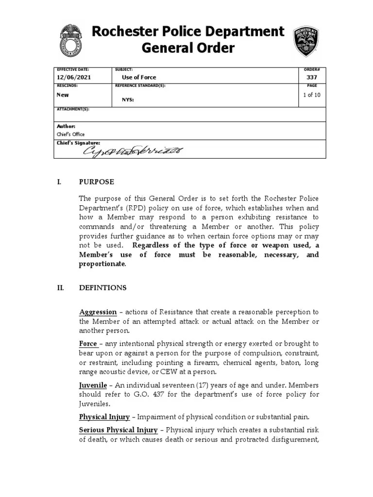 Use of Force Policy (Revised) PDF Deadly Force Use Of Force