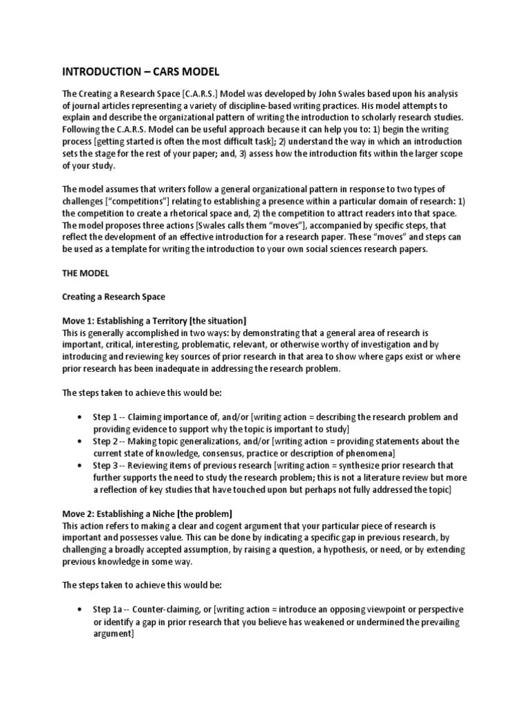 Introduction Cars Model The Model Creating A Research Space Move 1 Establishing A Territory